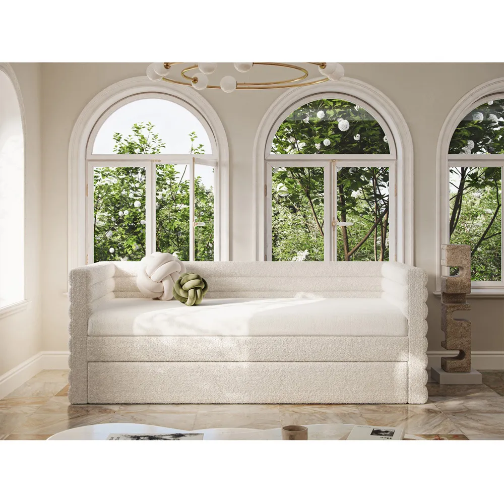 Yuma Single Guest Bed with Trundle - Cream, Boucle