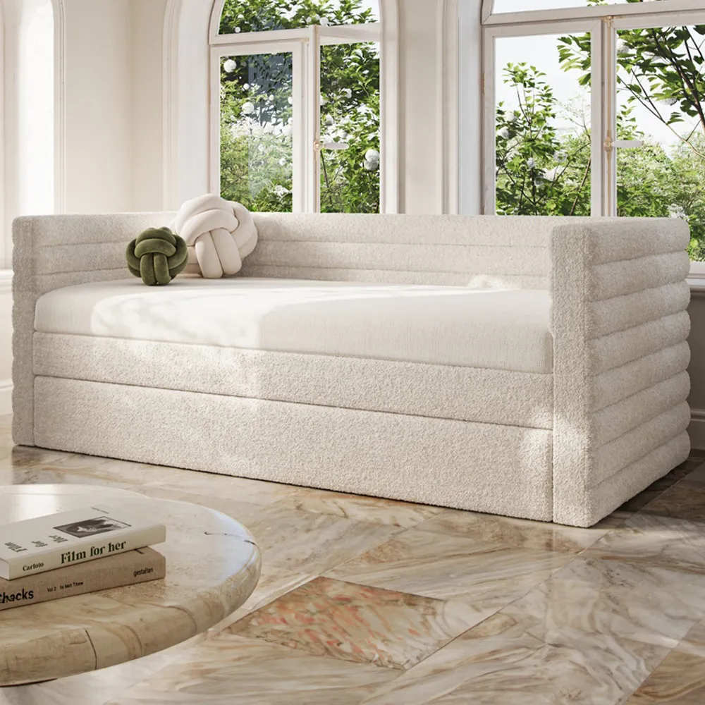 Yuma Single Guest Bed with Trundle - Cream, Boucle