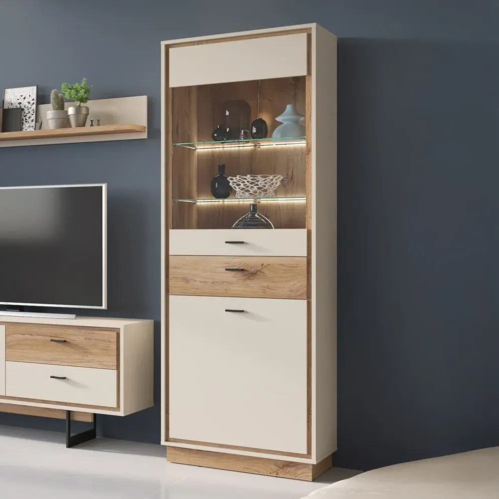 Rivero 2 Door Display Cabinet with Drawer - Grey, Oak image