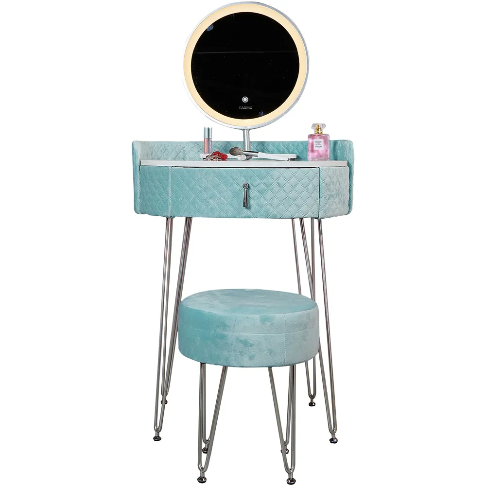 CARME Single Drawer Dressing Table Set with LED Mirror - Blue, Velvet