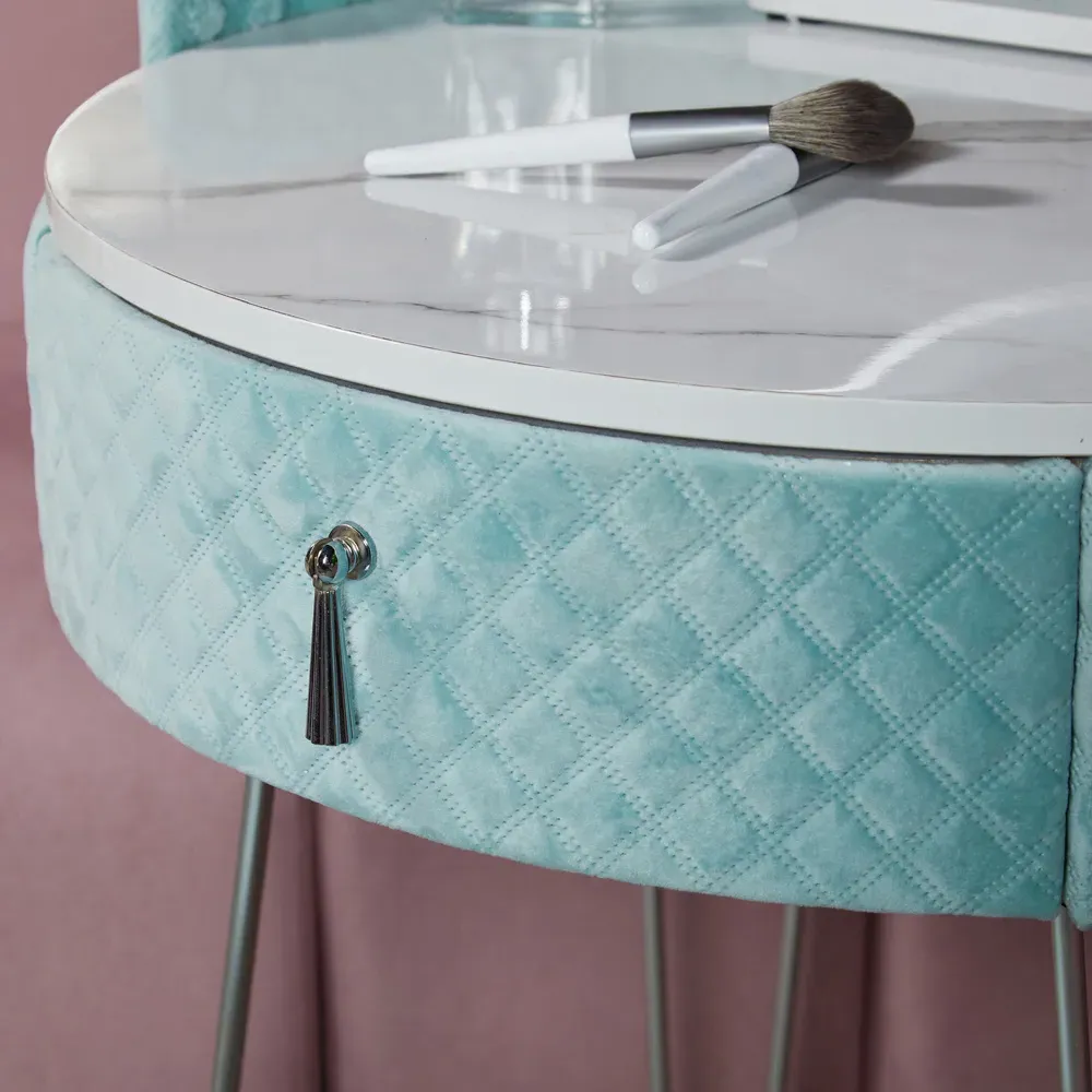 CARME Single Drawer Dressing Table Set with LED Mirror - Blue, Velvet