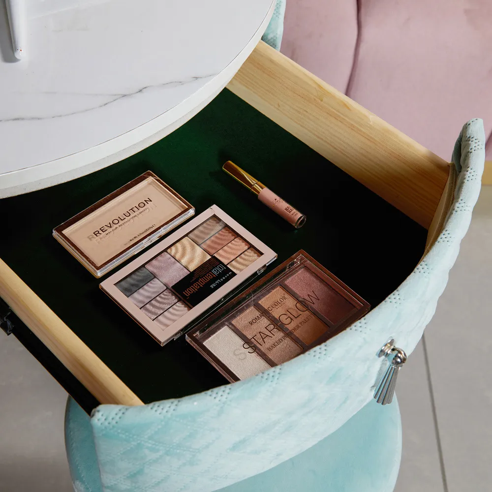 CARME Single Drawer Dressing Table Set with LED Mirror - Blue, Velvet