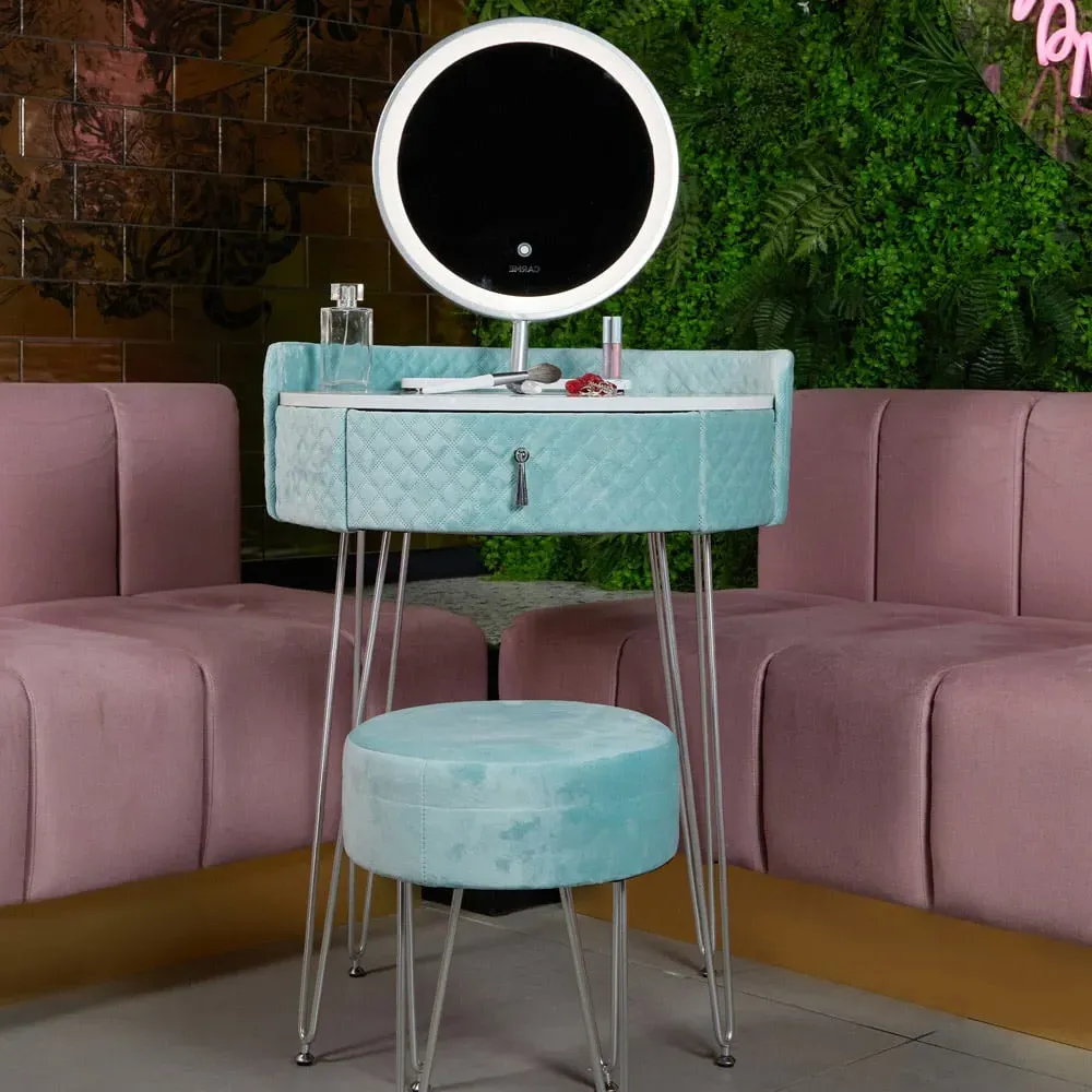 CARME Single Drawer Dressing Table Set with LED Mirror - Blue, Velvet image