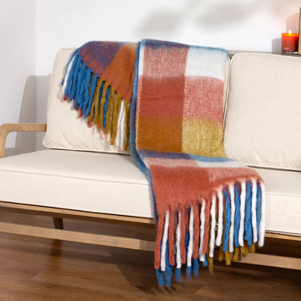 Alba Checked Throw with Fringe - Multi, Faux Mohair