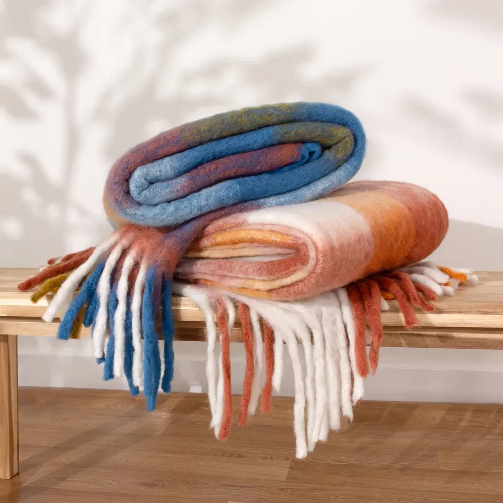 Alba Checked Throw with Fringe - Multi, Faux Mohair