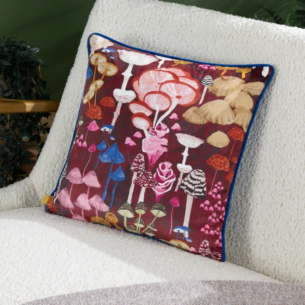 Amanita Burgundy Velvet Piped Cushion - Multi, Velvet