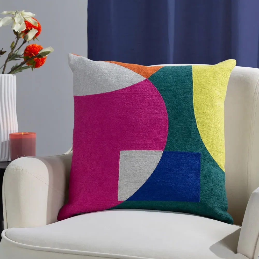 Anjo Geometric Crewel Cushion - Green Multi, Cotton