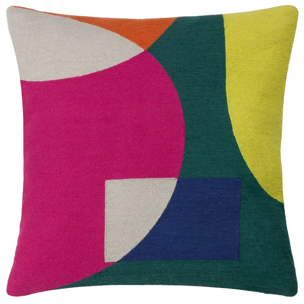 Anjo Geometric Crewel Cushion - Green Multi, Cotton
