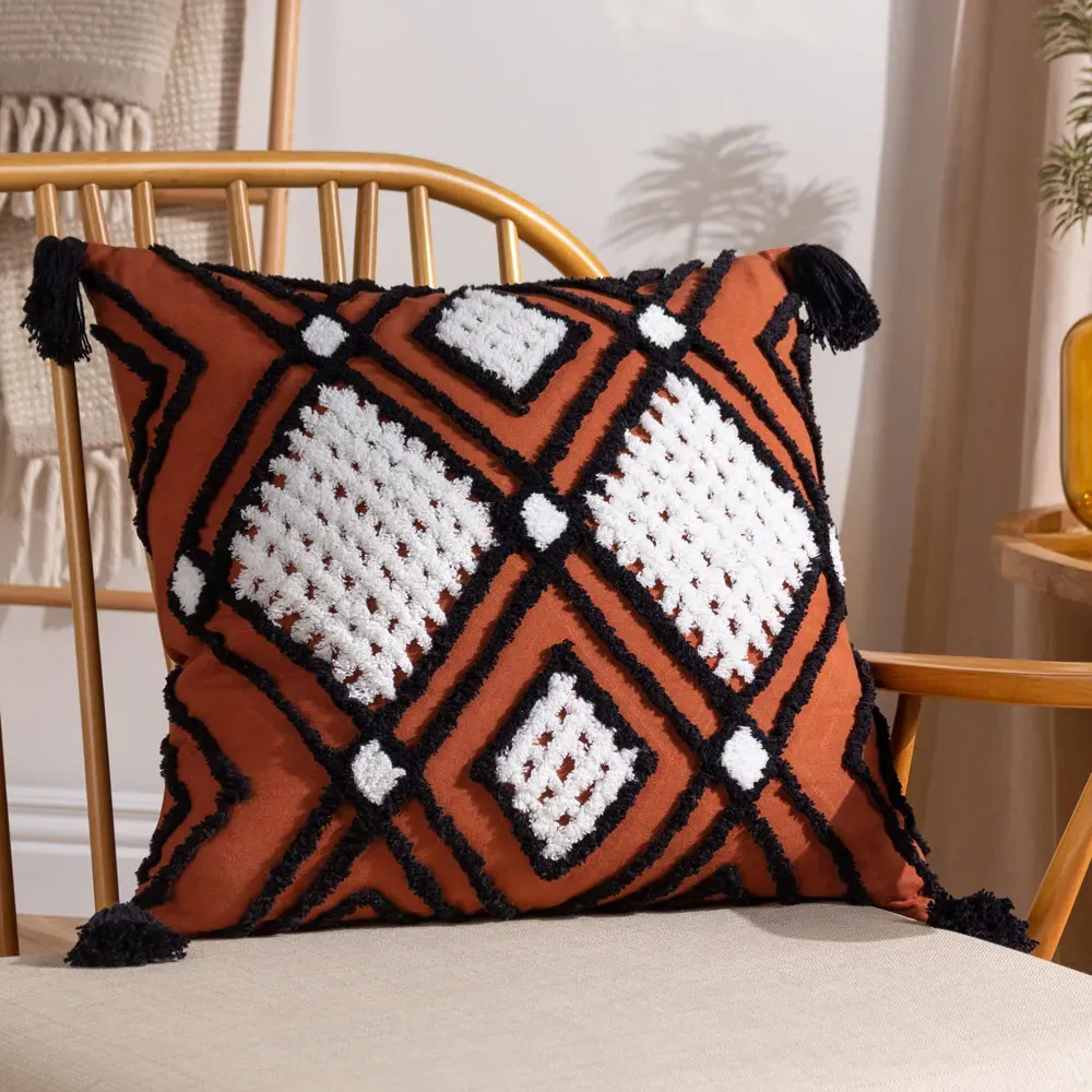 Aquene Tufted Cushion with Tassels - Black, Cotton