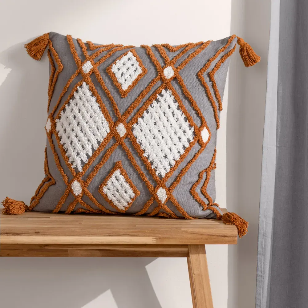 Aquene Tufted Cushion with Tassels - Charcoal, Cotton