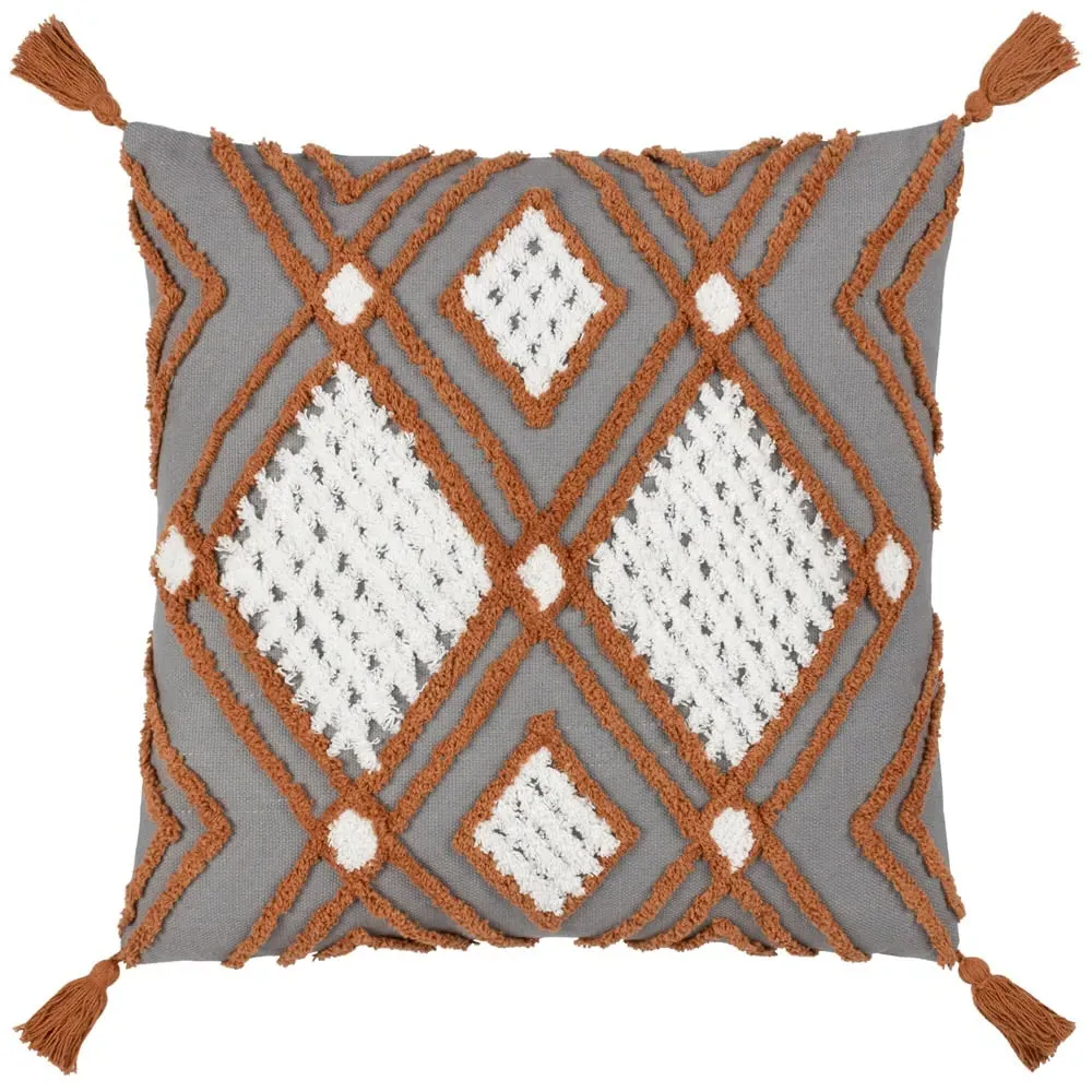 Aquene Tufted Cushion with Tassels - Charcoal, Cotton