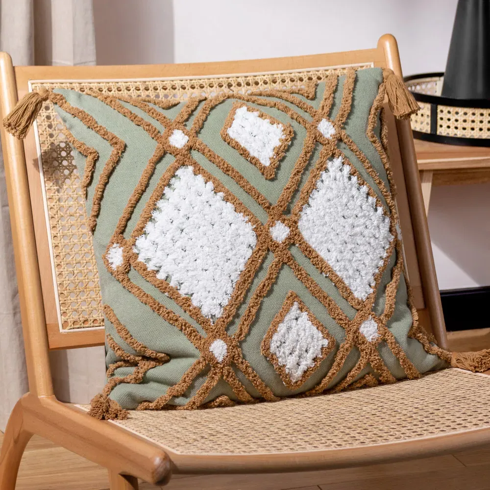 Aquene Tufted Cushion with Tassels - Moss, Cotton