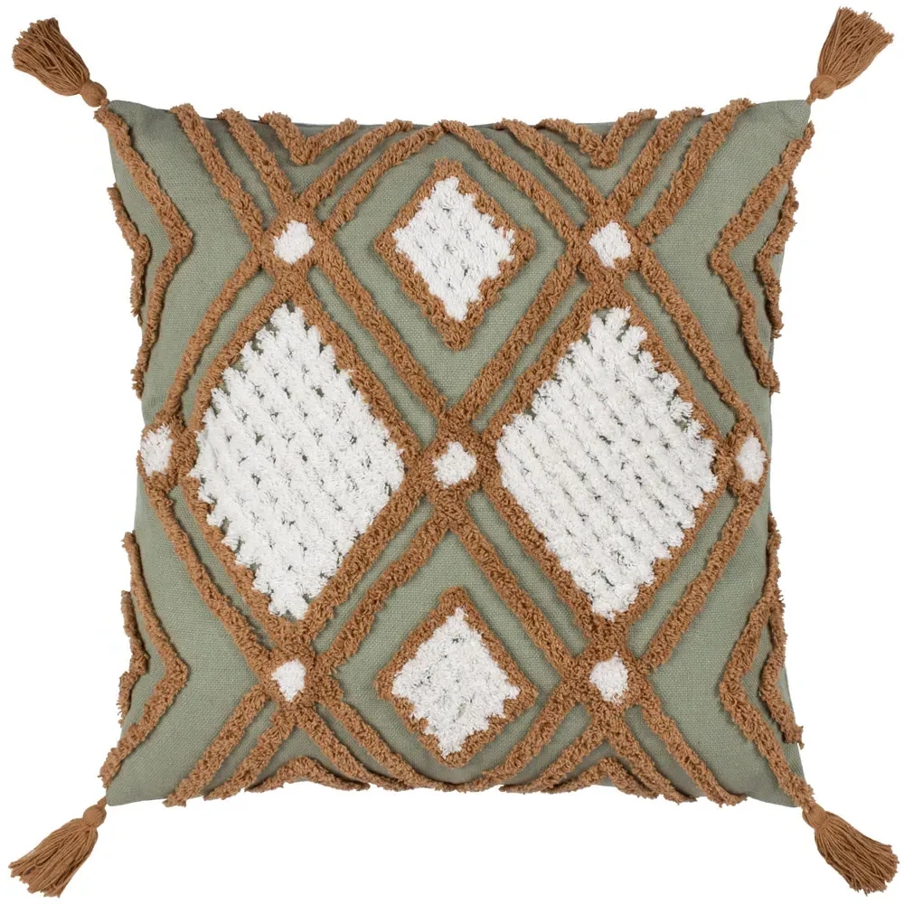 Aquene Tufted Cushion with Tassels - Moss, Cotton