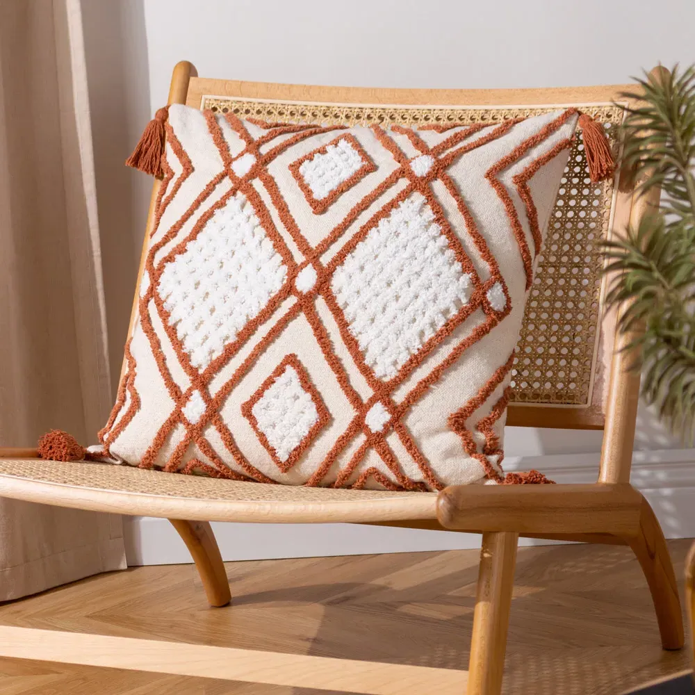Aquene Tufted Cushion with Tassels - Natural, Cotton