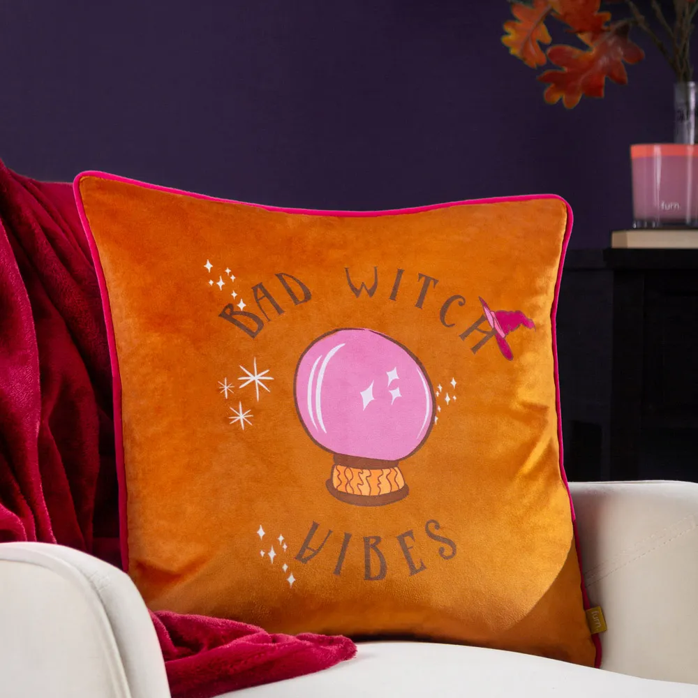 Bad Witch Vibes Pumpkin Velvet Piped Cushion - Orange, Velvet