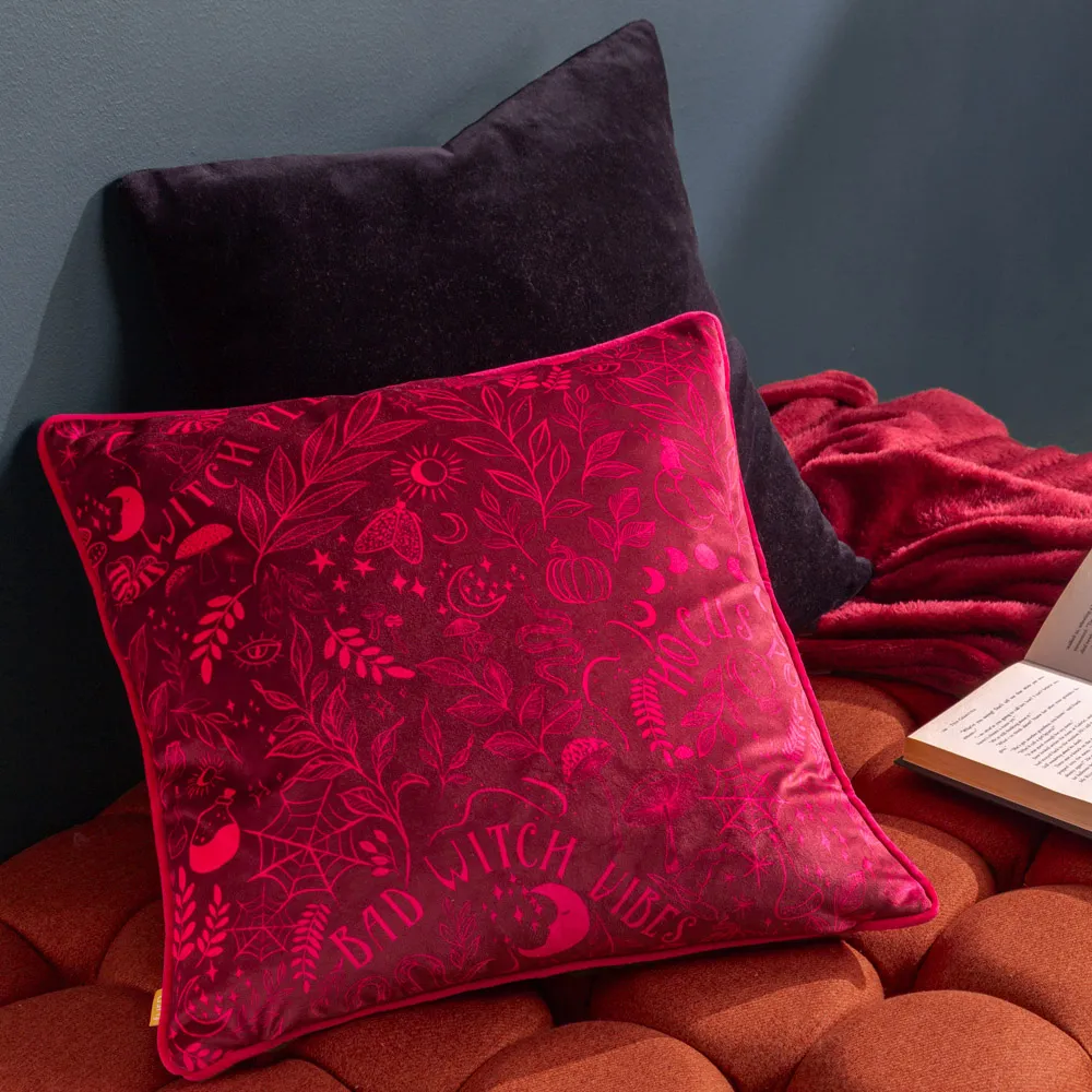 Bad Witch Vibes Pumpkin Velvet Piped Cushion - Orange, Velvet
