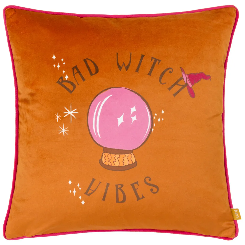 Bad Witch Vibes Pumpkin Velvet Piped Cushion - Orange, Velvet