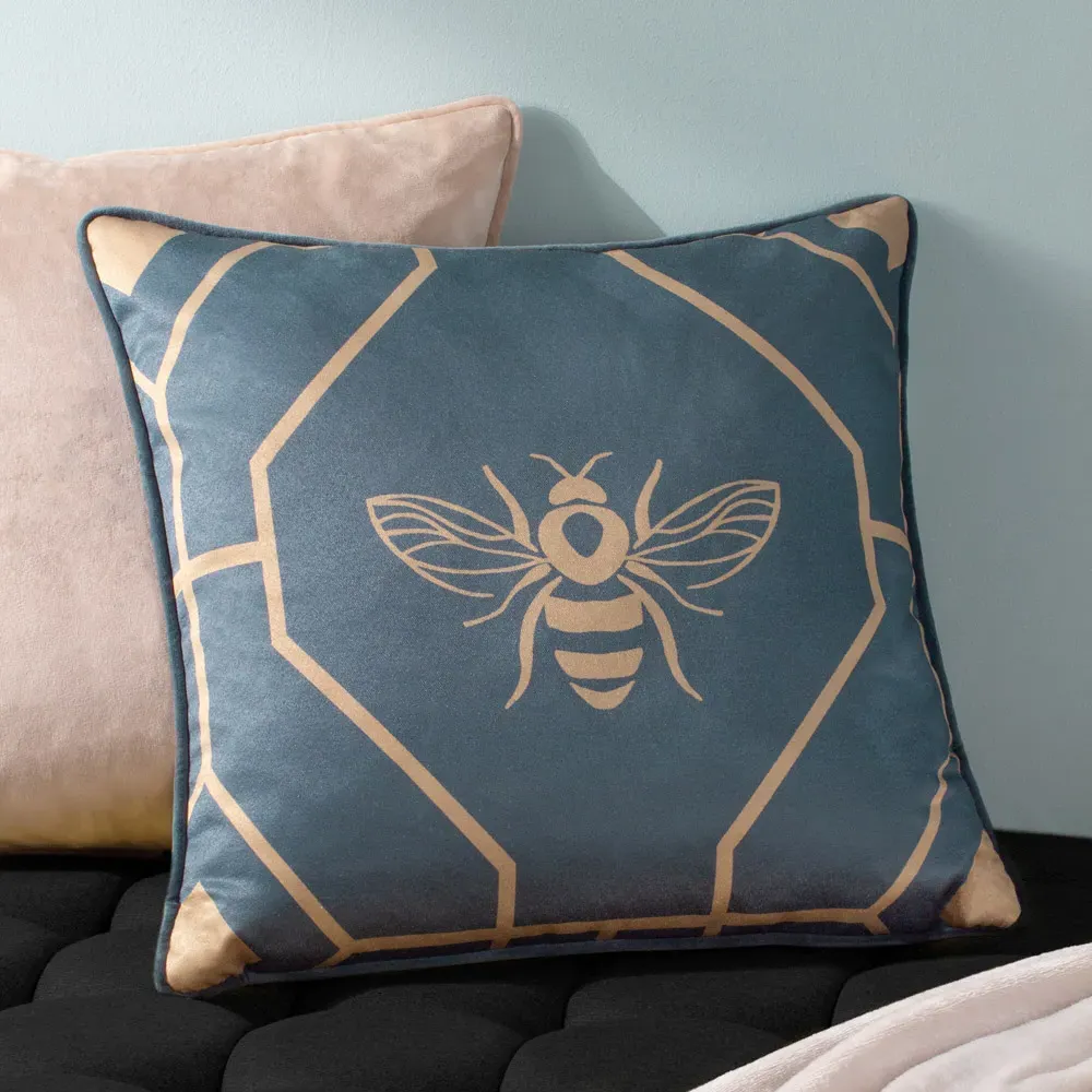 Bee Deco Geometric Cushion - Blue, Velvet