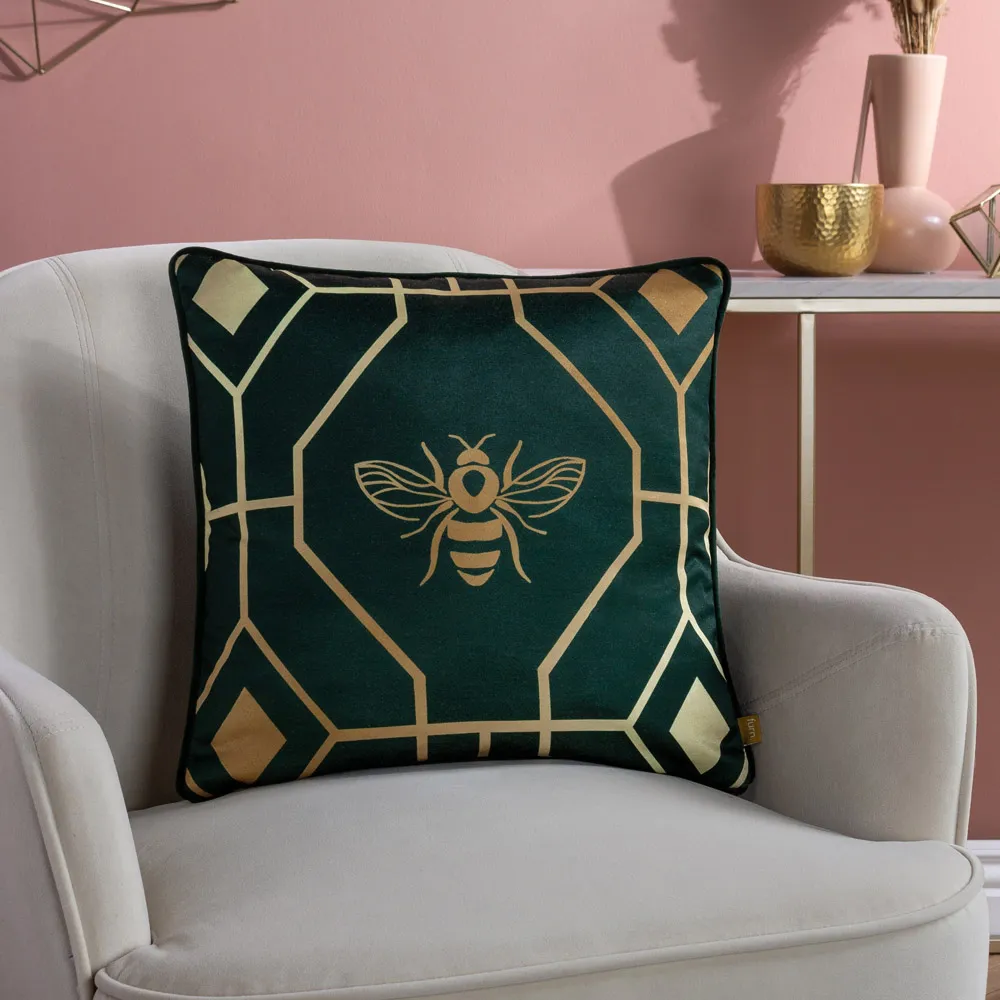 Bee Deco Geometric Cushion - Green, Velvet