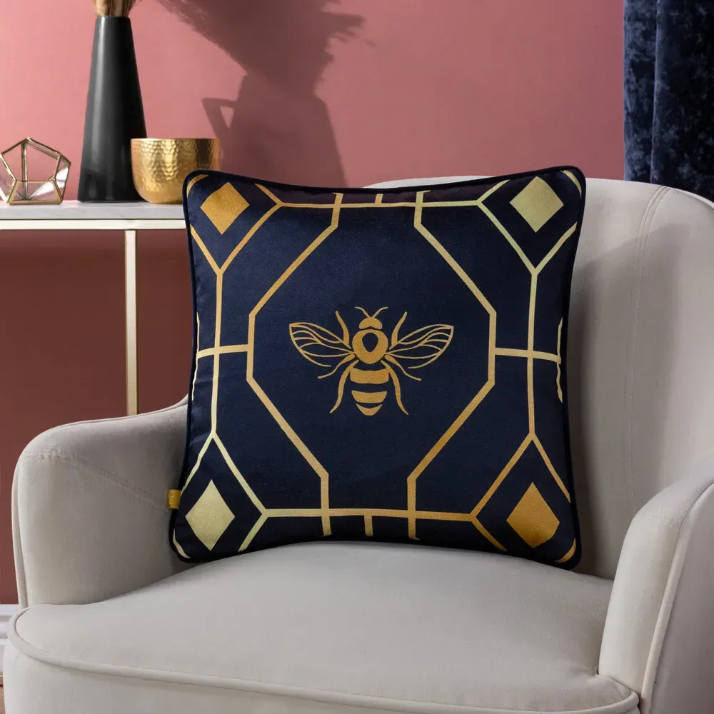 Bee Deco Geometric Cushion - Navy, Velvet
