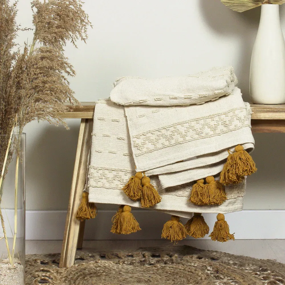 Boho Woven Tasselled Throw - Ochre