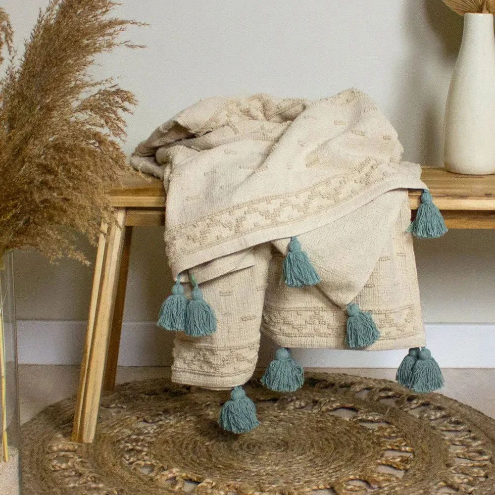 Boho Woven Tasselled Throw - Seafoam