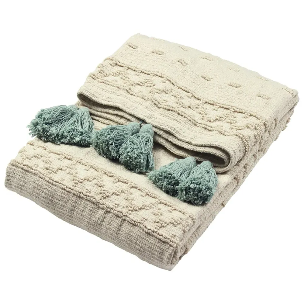 Boho Woven Tasselled Throw - Seafoam