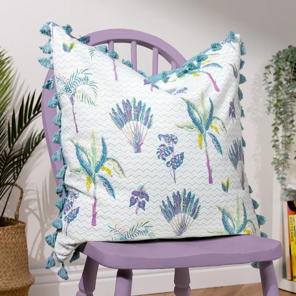Chamae Floral Tasselled Cushion - Purple, Cotton