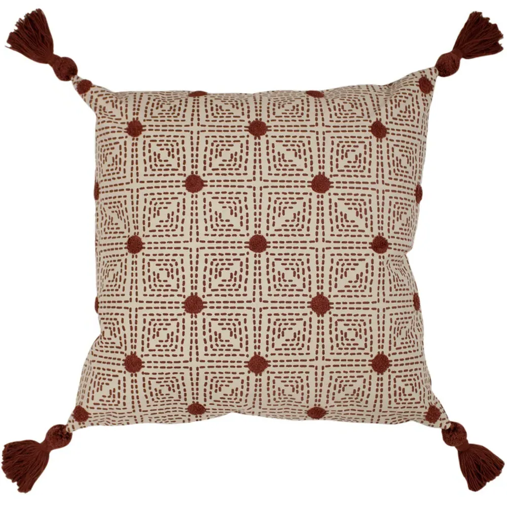 Chia Tufted Cushion with Tassels - Red Clay, Cotton image