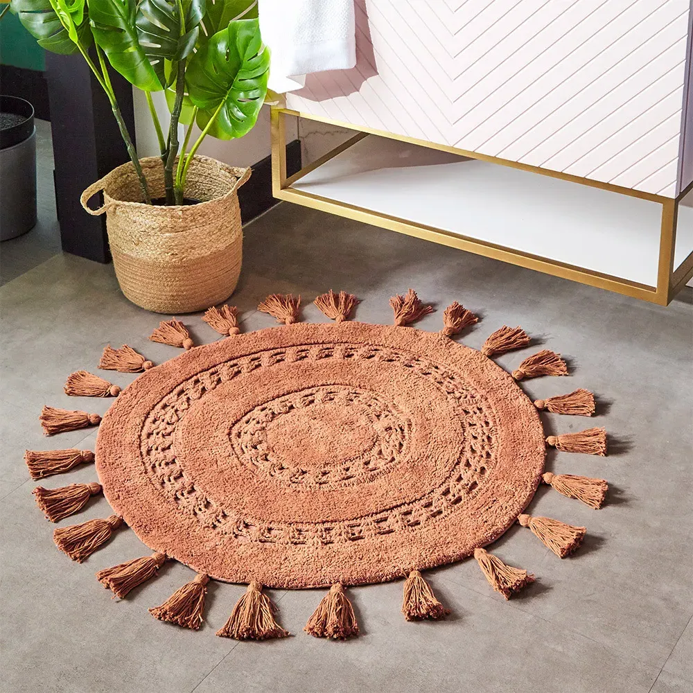 Circle Tassel Anti-Slip Bath Mat - Brown, Cotton