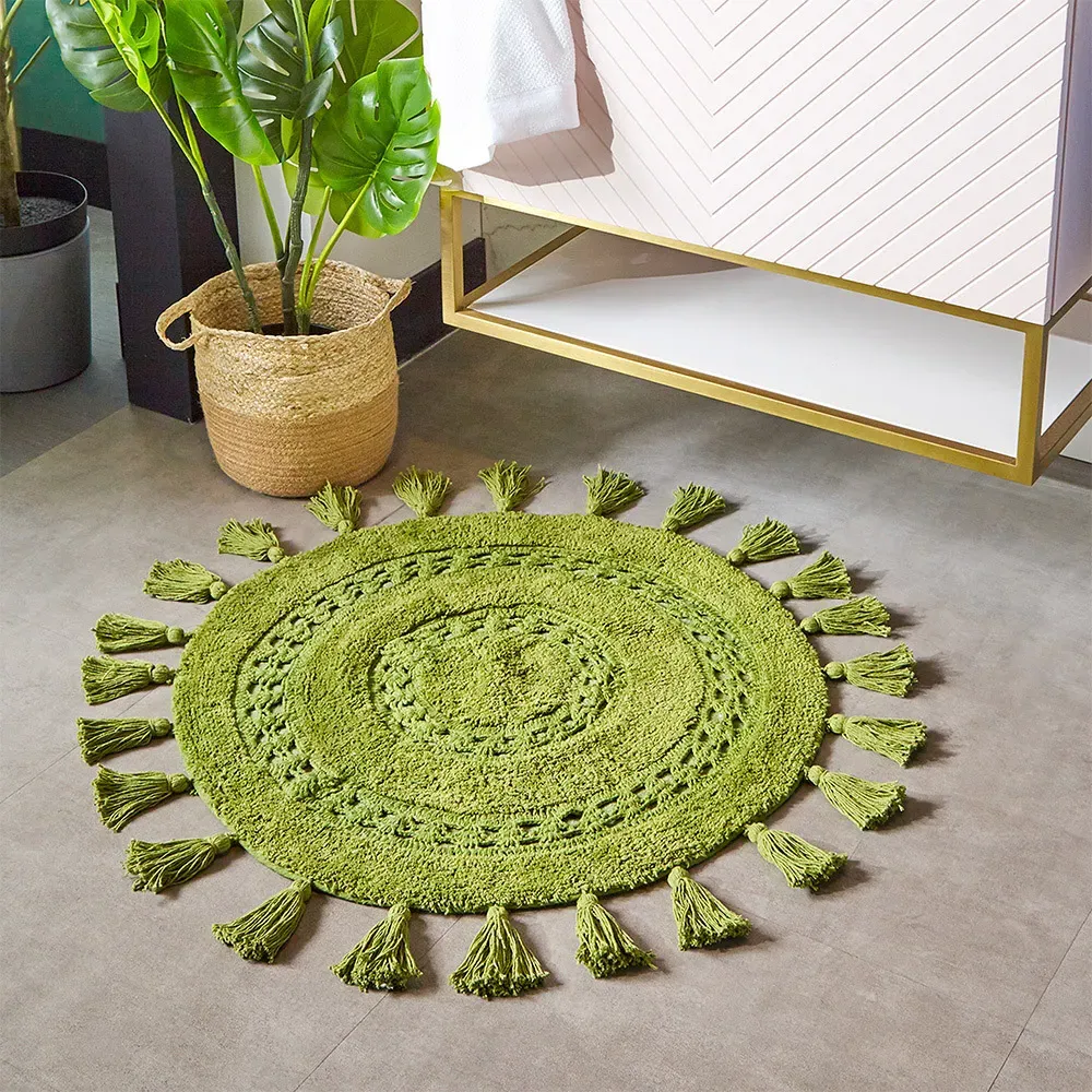 Circle Tassel Anti-Slip Bath Mat - Green, Cotton