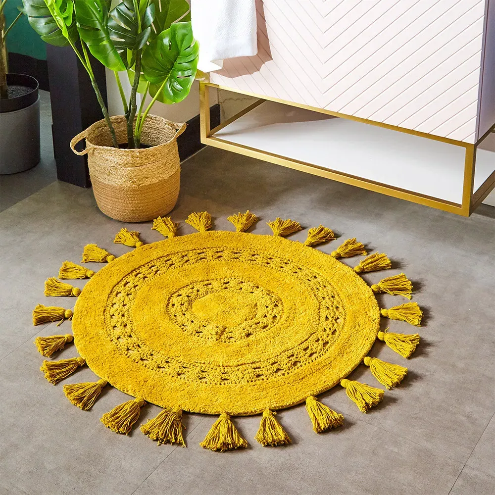 Circle Tassel Anti-Slip Bath Mat - Ochre, Cotton