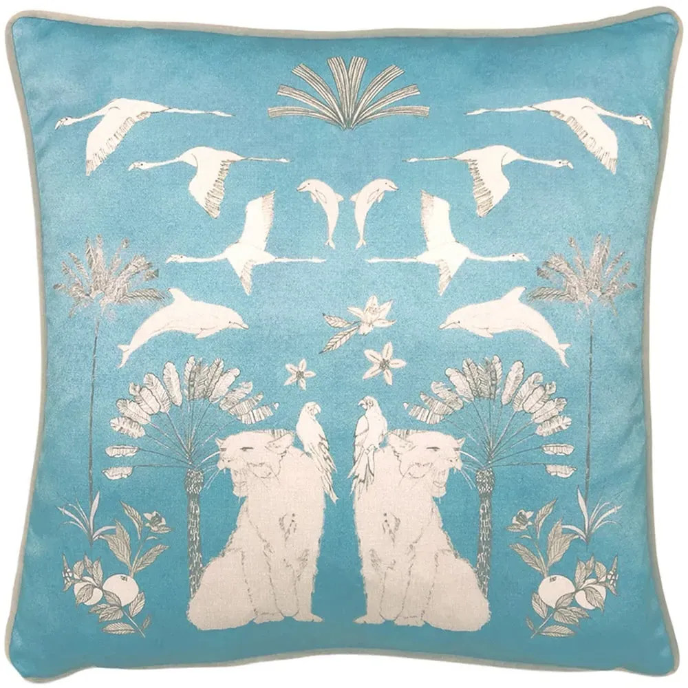 Colony Palm Botanical Cushion - Blue, Velvet image