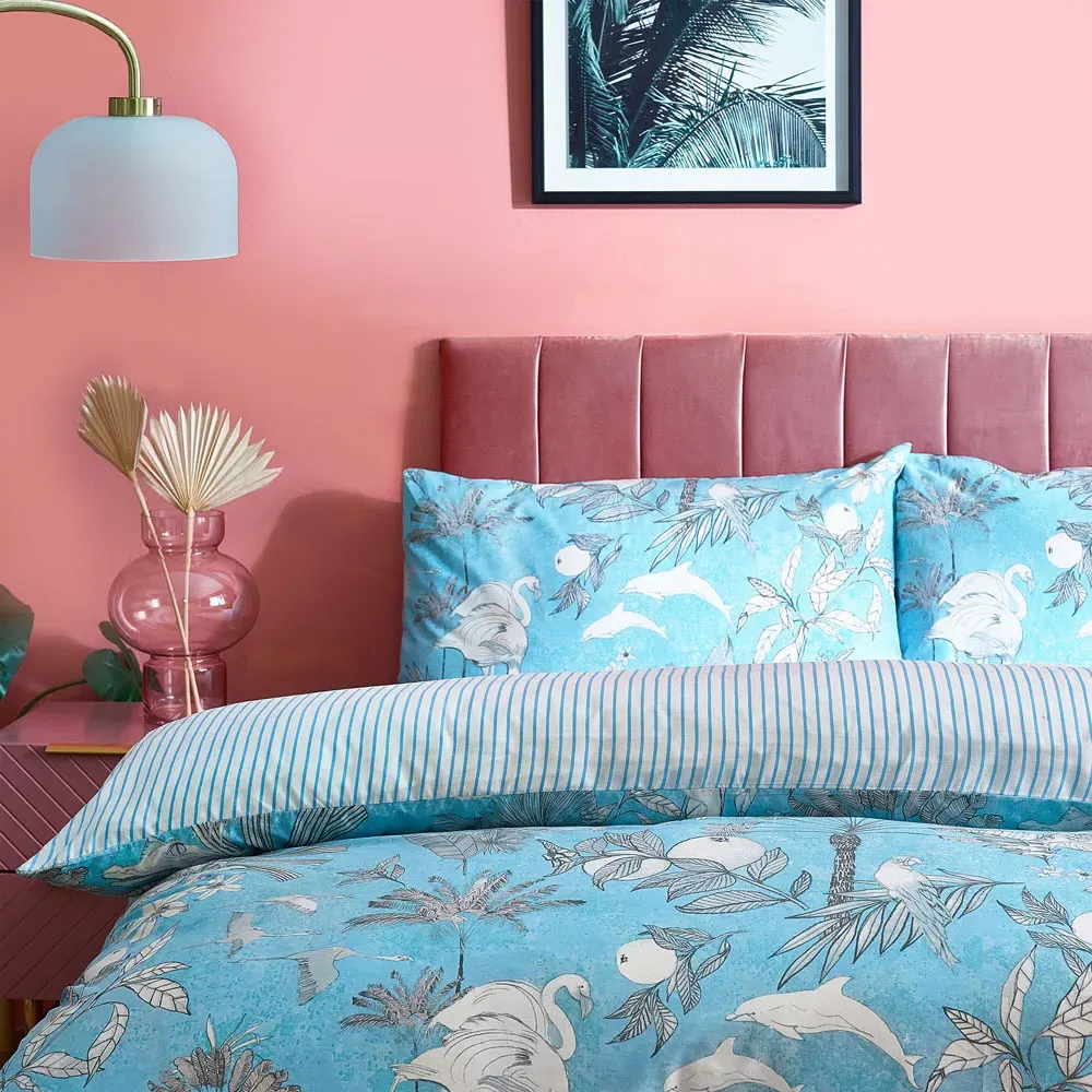 Colony Palm King Size Duvet Cover Set - Blue, Polycotton