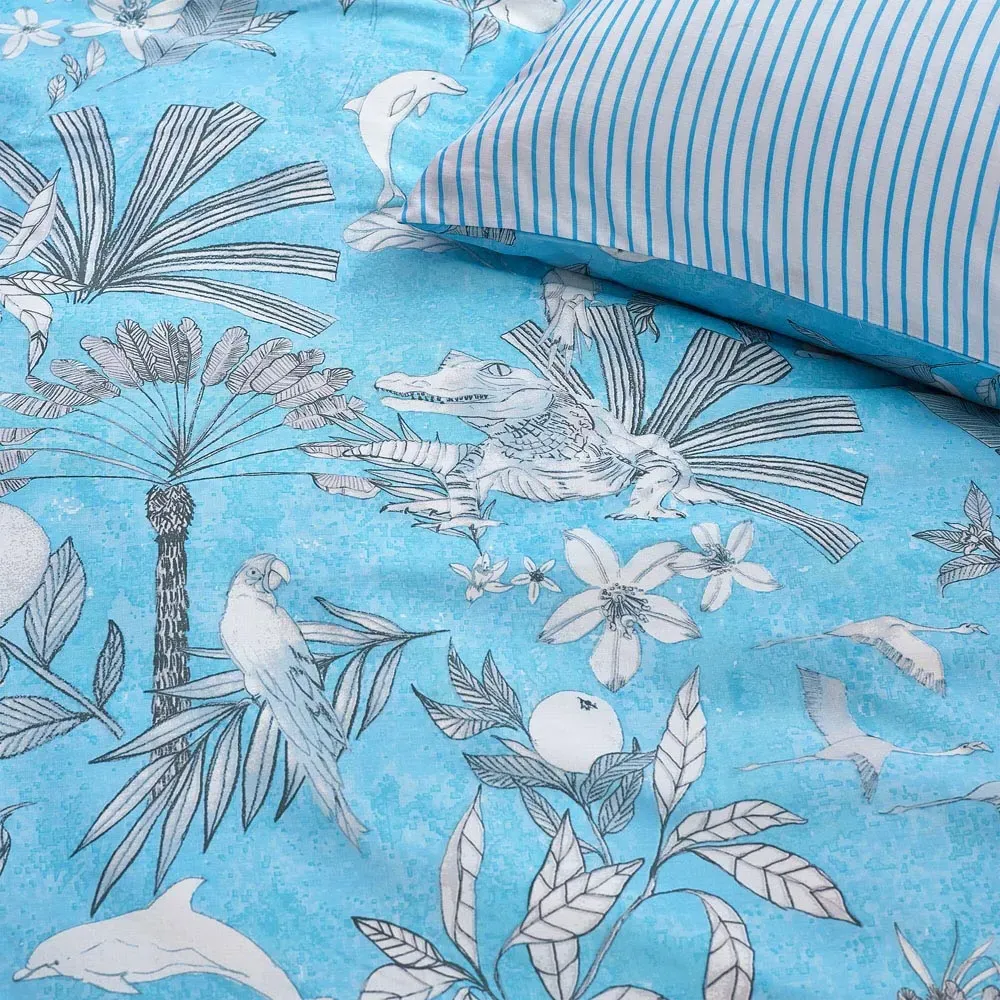 Colony Palm King Size Duvet Cover Set - Blue, Polycotton