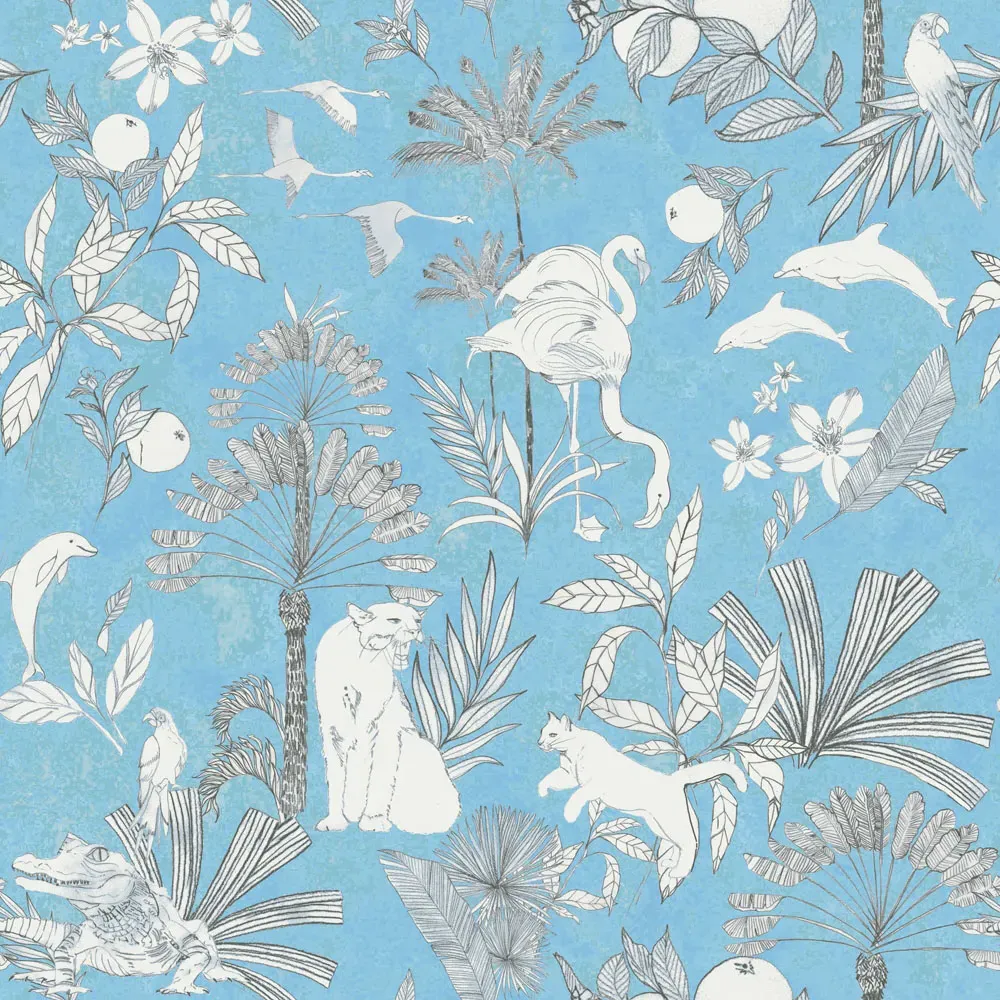 Colony Palm King Size Duvet Cover Set - Blue, Polycotton