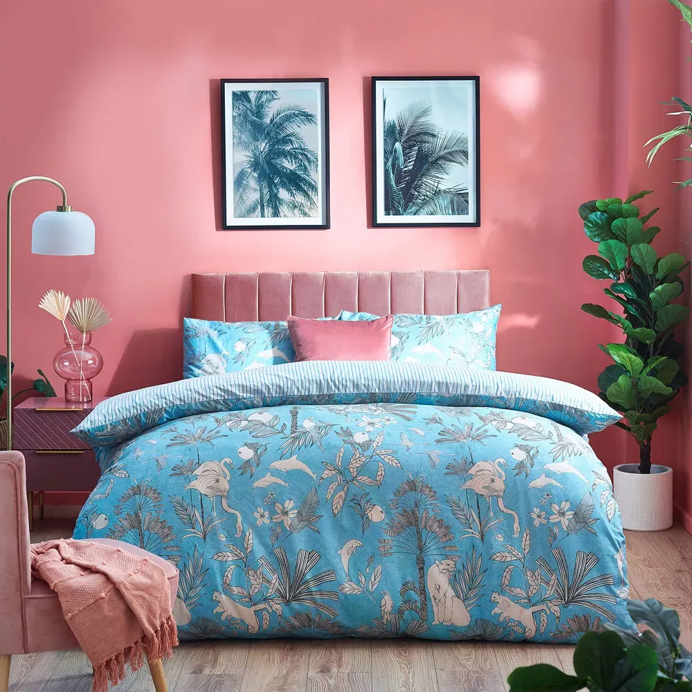 Colony Palm King Size Duvet Cover Set - Blue, Polycotton