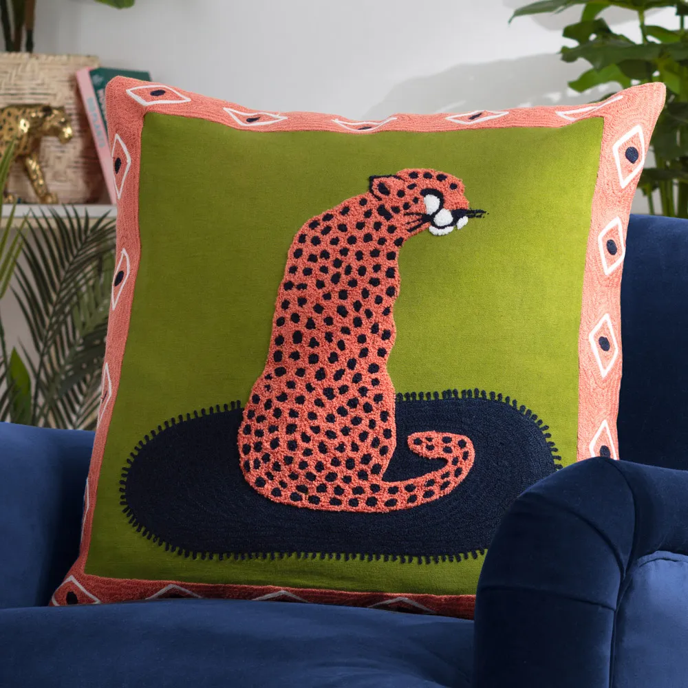 Coral Cheetah Embroidered Cushion - Orange