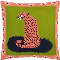 Coral Cheetah Embroidered Cushion - Orange