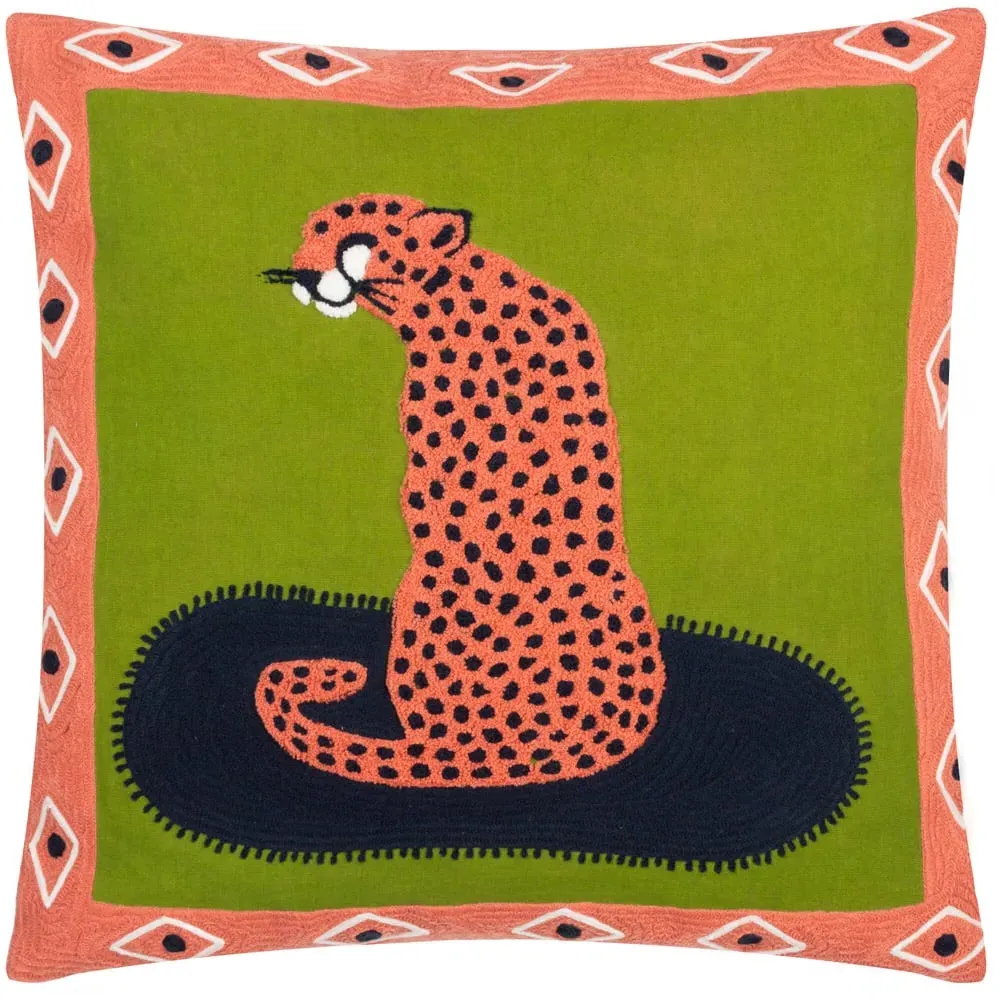 Coral Cheetah Embroidered Cushion - Orange