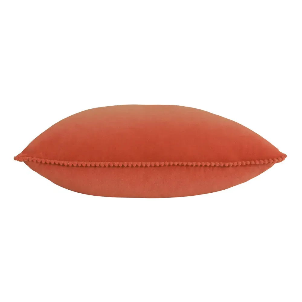 Cosmo Velvet Cushion with Pom-Pom Trim - Brick