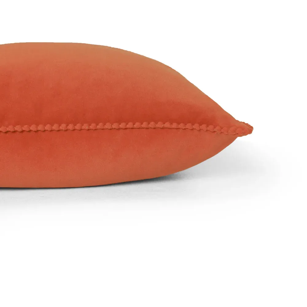 Cosmo Velvet Cushion with Pom-Pom Trim - Brick