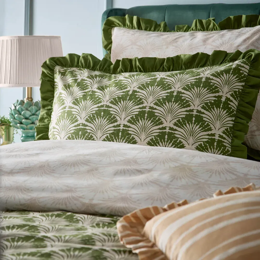 Deco Double Palm Printed Ruffle Duvet Set - Green