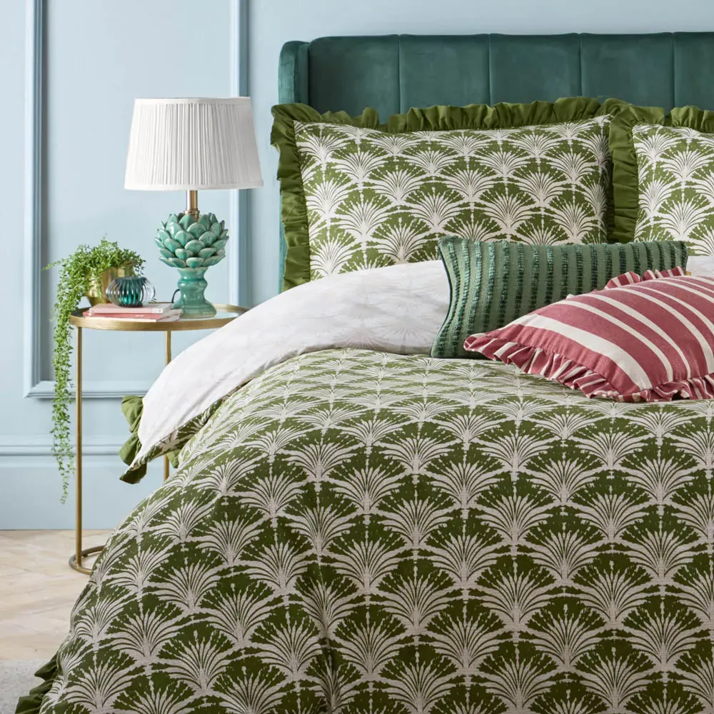 Deco King Size Palm Printed Ruffle Duvet Set - Green