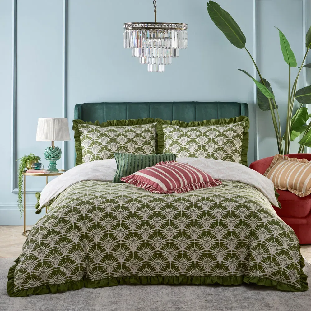 Deco Single Palm Printed Ruffle Duvet Set - Green