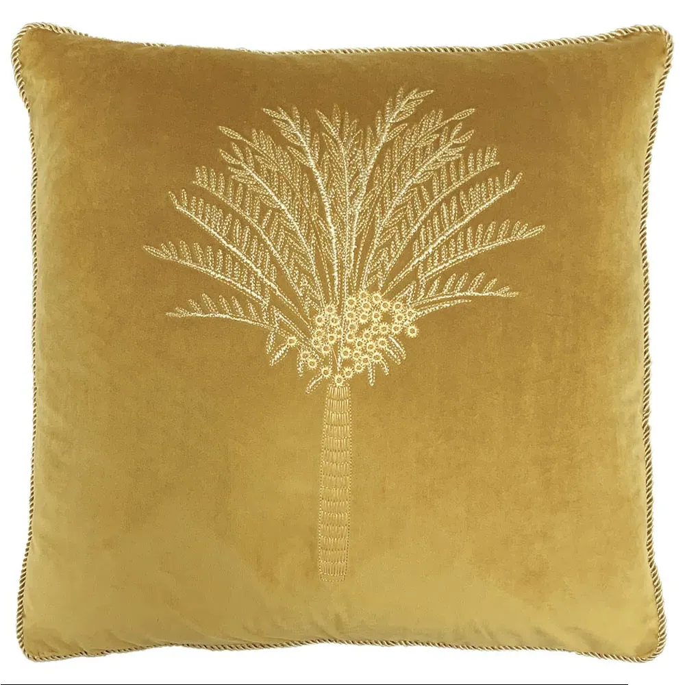 Desert Palm Olive Embroidered Cushion - Green, Velvet