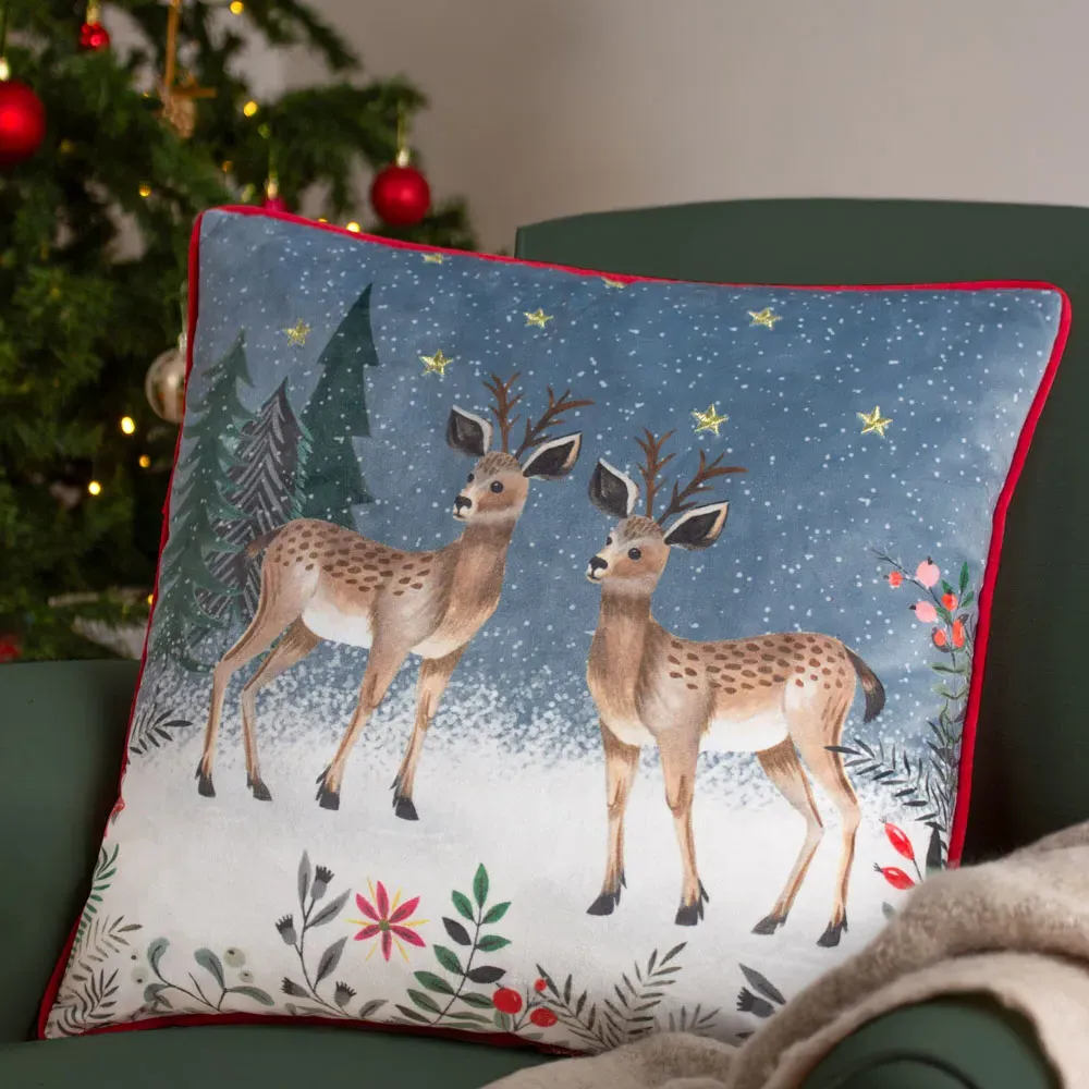 Ditsy Festive Reindeer Velvet Piped Cushion - Multi, Velvet