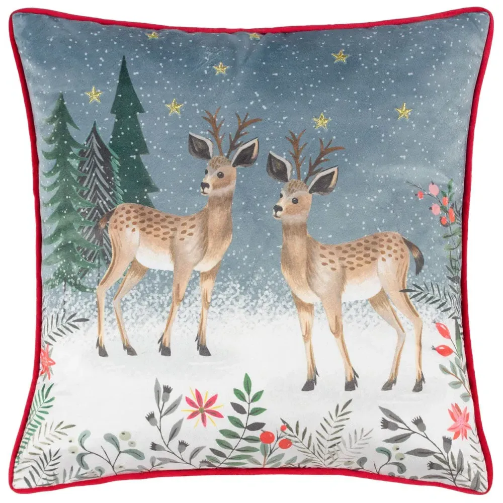 Ditsy Festive Reindeer Velvet Piped Cushion - Multi, Velvet