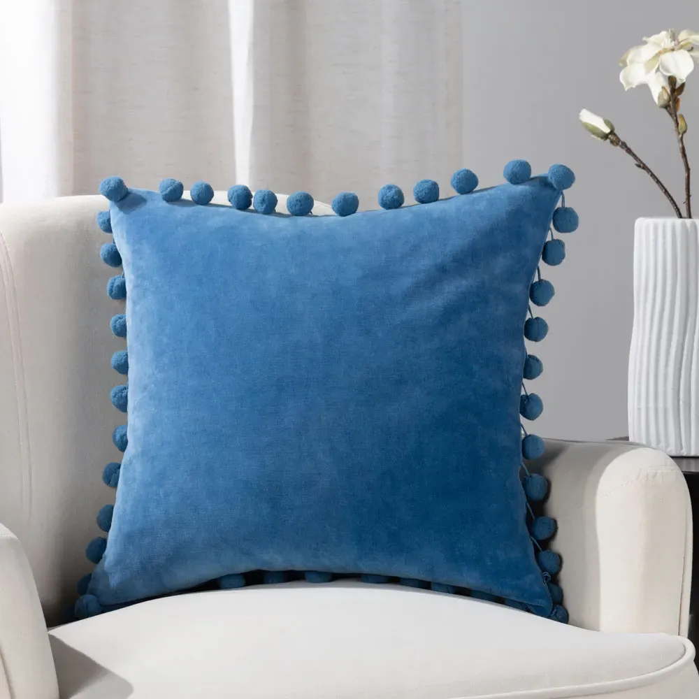 Dora Square Cushion with Pom Poms - Blue, Velvet