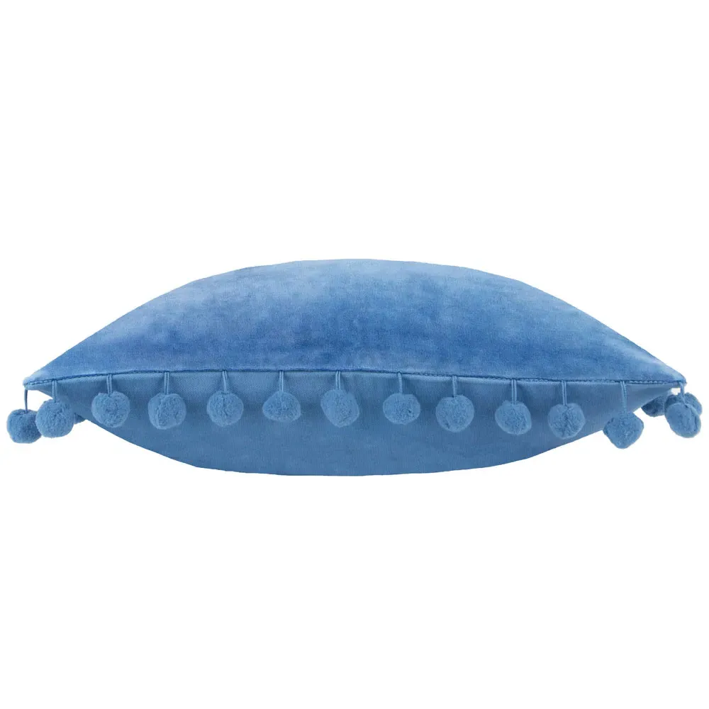 Dora Square Cushion with Pom Poms - Blue, Velvet